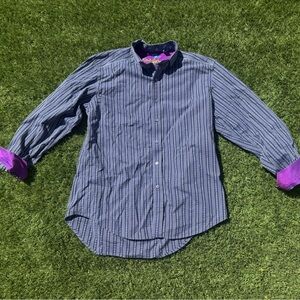 Robert Graham Navy and Purple Striped Button-Up with Embroidered Inner Panel